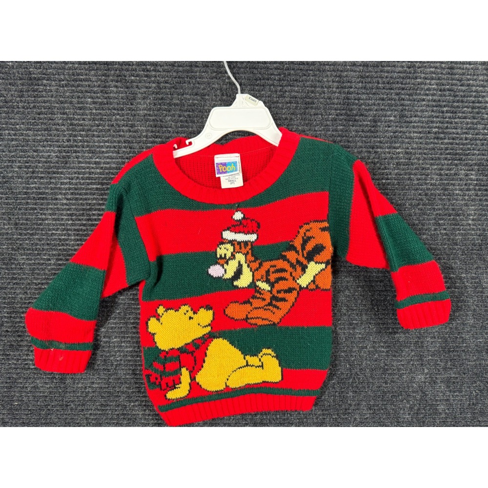 Vintage Pooh Tigger Christmas Sweater Toddler 2T Red Green Striped Disney USA